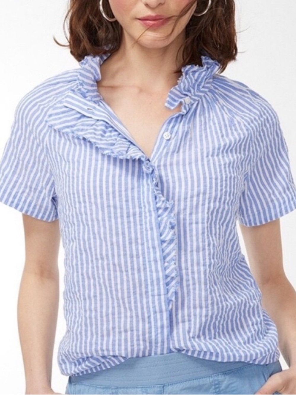 Chico's blue and white striped seersucker top ruffled collar Buttoned Top Size 8